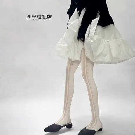 法式复古优雅侧边蕾丝白色丝袜超薄竖条纹提花女萝莉lolita连裤袜图片
