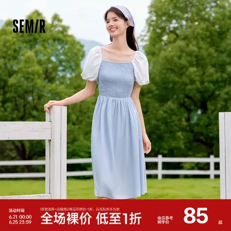 森马连衣裙女撞色泡泡袖甜美优雅气质秋季赫本风紧身短裙法式复古图片