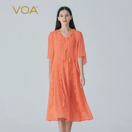 VOA桑蚕丝乔其亮橙色V领五分袖飘带荷叶边装饰宽松双层真丝连衣裙图片