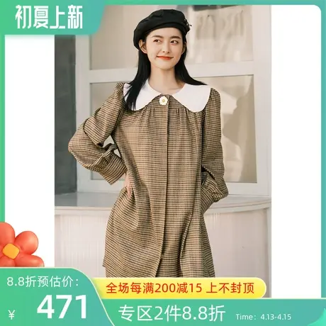 诗凡黎连衣裙春秋新款撞色娃娃领复古千鸟格中长款裙子7C9492131图片