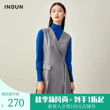 恩裳冬季经典时尚条纹收腰a字中长款绵羊毛无袖v领连衣裙图片