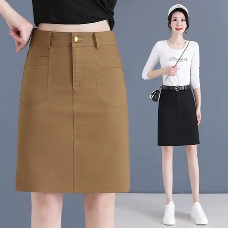 春秋半身裙女高腰2023年新款时尚复古黑色牛仔裙卡其色包臀短裙子图片