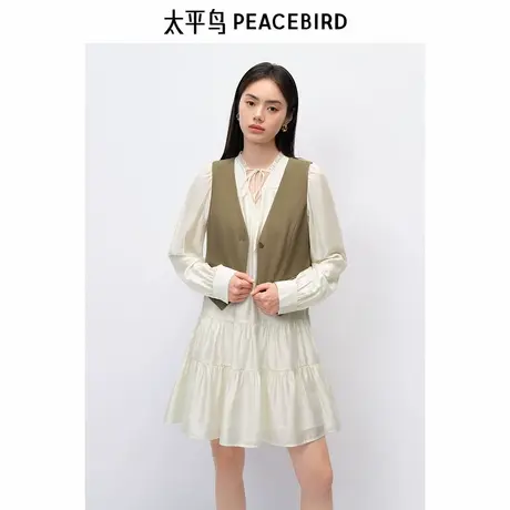 太平鸟女装马夹两件套连衣裙秋新款度假小白裙时尚绑带衬衫裙图片
