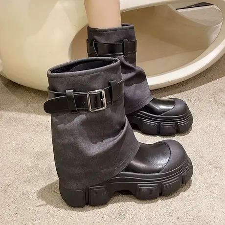 永希长筒靴女2023春秋季新款英伦风百搭复古堆堆靴粗跟厚底骑士靴商品大图