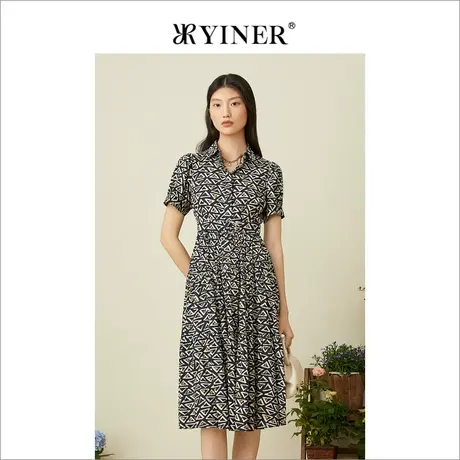 YINER音儿女装夏小众设计收腰修身碎花衬衫连衣裙图片
