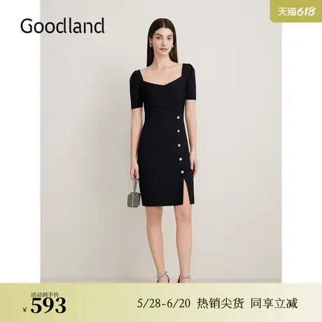 Goodland美地夏季知性修身气质小黑裙方领收腰连衣裙图片