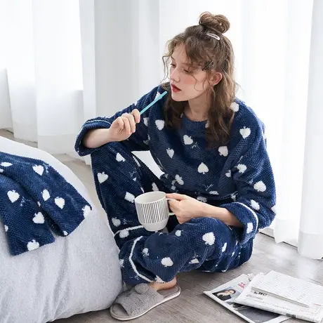 秋鹿睡衣女款秋冬季长袖套头珊瑚绒加厚甜美爱心法兰绒家居服套装图片