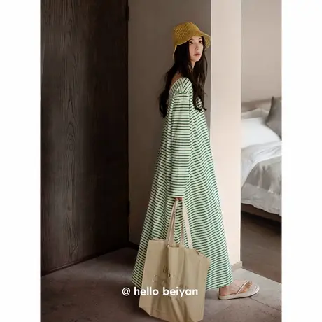 贝妍新款睡衣女春秋季柔软莫代尔棉长袖睡裙休闲条纹度假风连衣裙图片