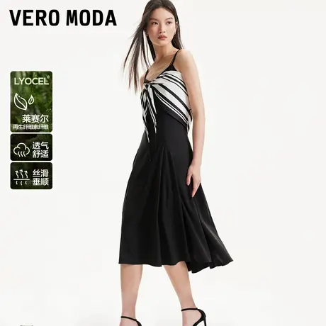 Vero Moda奥莱连衣裙夏季新款吊带A字V领绑带装饰优雅小黑裙子图片