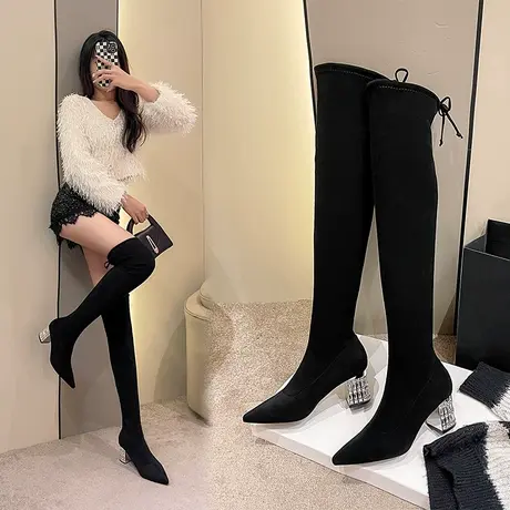 过膝长靴女2023秋冬新款黑色长筒靴粗跟高跟瘦瘦靴小个子弹力袜靴图片
