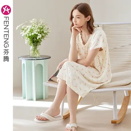 芬腾睡裙女士带胸垫夏季薄款纯棉短袖睡衣中裙碎花全棉休闲家居服图片