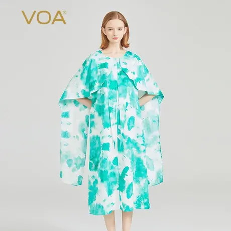 VOA22姆米暗纹提花桑蚕丝圆领飞飞飘袖宽松原创设计真丝连衣裙图片