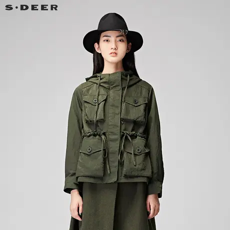 sdeer圣迪奥2018冬装口袋设计假两件拼接长款毛呢外套女S17481711图片