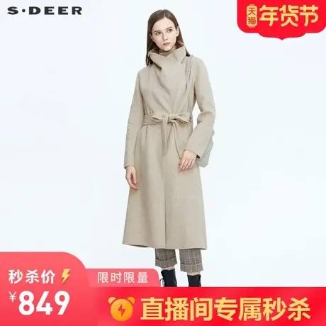 【秒杀】sdeer圣迪奥立领斜襟不规则长款毛呢大衣S20481862图片
