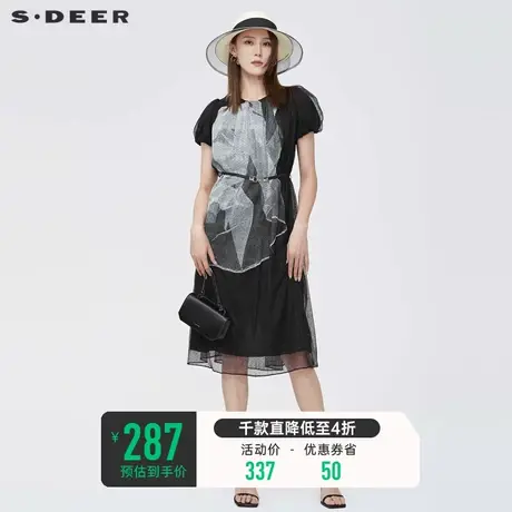 sdeer圣迪奥泡泡袖连衣裙夏装高级感网纱印花收腰长裙S22281242图片