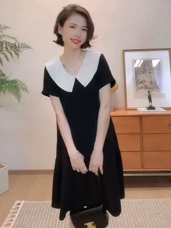娃娃领连衣裙女2023夏季新款洋气撞色长裙韩版气质收腰显瘦裙子潮图片