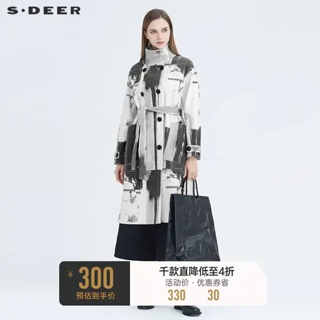 sdeer圣迪奥冬季立领双排扣收腰字母印花长款毛呢大衣S20481844图片