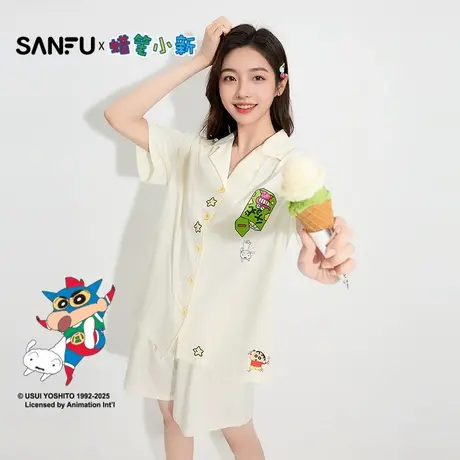 三福【蜡笔小新联名】女夏季可爱翻领上衣短裤家居服502860图片