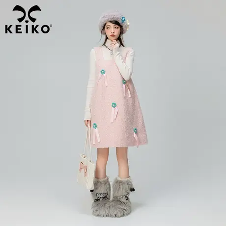 KEIKO 手工扎花长绒毛呢背带裙2023秋冬甜系穿搭显瘦Ａ字连衣裙图片