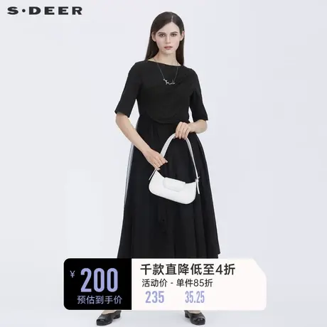 sdeer圣迪奥夏季休闲圆领设计感网纱拼接黑色连衣裙女S21281259图片