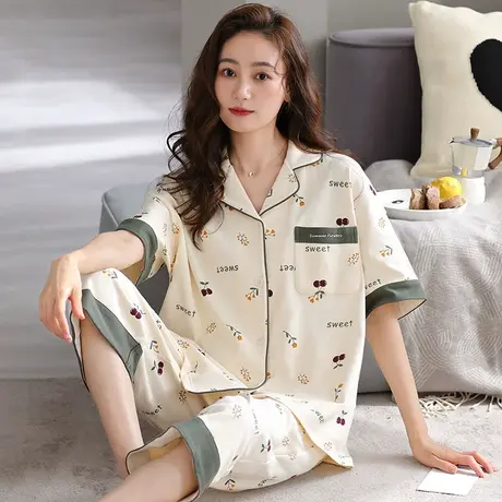 婷美春夏季睡衣女纯棉翻领开衫短袖七分裤薄款简约全棉家居服套装图片