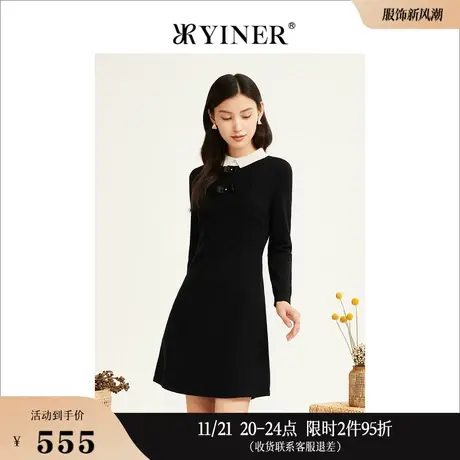 YINER音儿专选冬季法式优雅时尚撞色娃娃领羊毛针织连衣裙图片