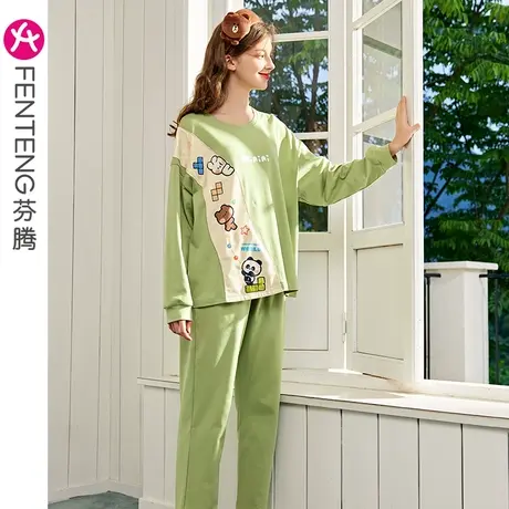 芬腾布朗熊睡衣女纯棉春秋季长袖长裤圆领套头卡通全棉家居服套装图片