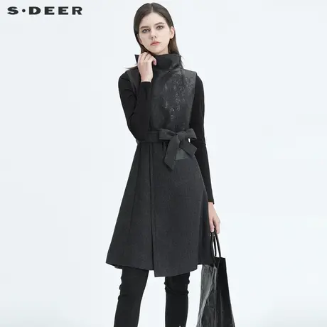 sdeer圣迪奥冬季女装不规则领印花收腰无袖毛呢连衣裙S20481213图片