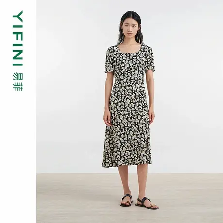[专柜同款]Yifini/易菲100%真丝收腰显瘦气质碎花方领短袖连衣裙图片