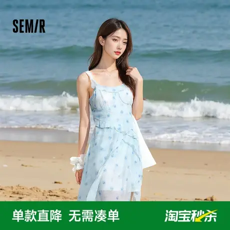 森马连衣裙女荷叶边2025新款吊带碎花雪纺裙浅春系Dress in light图片