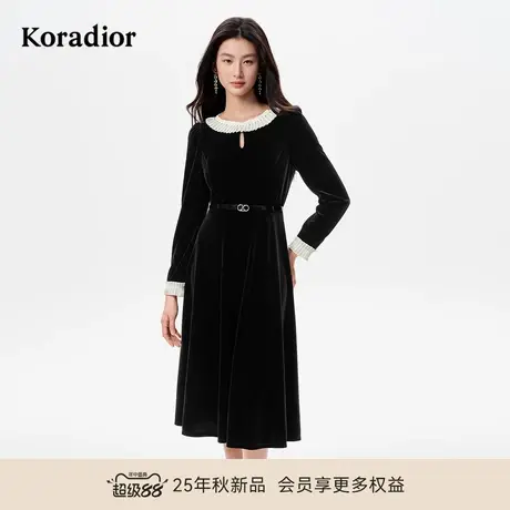 珂莱蒂尔koradior2025秋法式优雅气质修身中长轻礼裙丝绒小黑裙图片