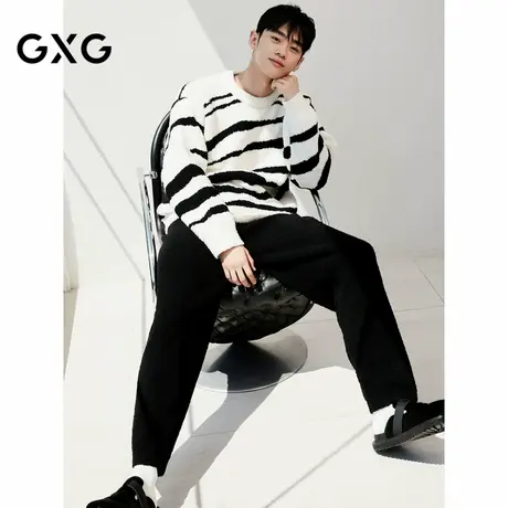 GXG男士家居服套装 白底黑色条纹加厚半边绒套头睡衣图片
