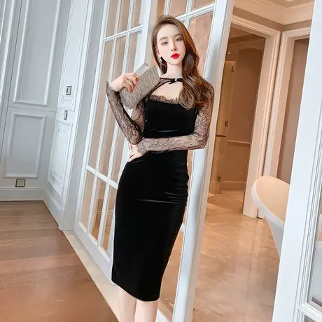 黑色性感抹胸露背连衣裙丝绒内搭打底裙子法式浪漫包臀晚礼服女装图片