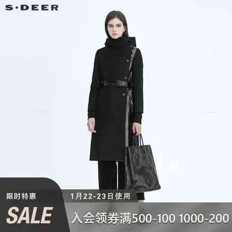 sdeer圣迪奥冬季高领连帽拼接收腰系带黑色长款毛呢大衣S20481830图片