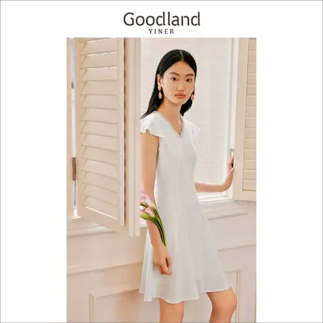 【醋酸系列】Goodland美地女装2023夏季V领木耳花边连衣裙图片