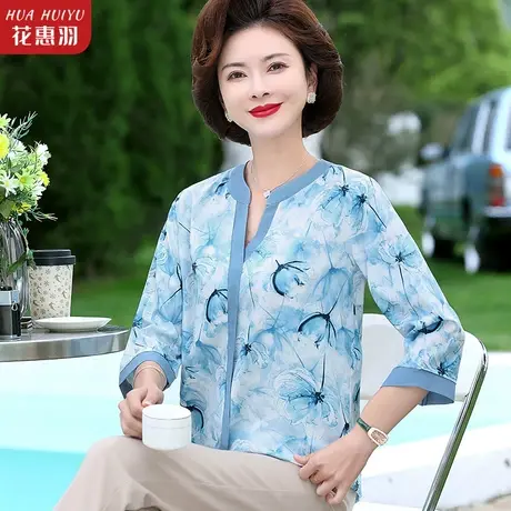 新款中老年女夏装洋气七分袖雪纺衫40岁50中年妈妈夏季仿真丝小衫商品大图