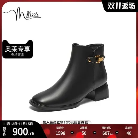 millie's妙丽冬新款时尚百搭优雅极简风粗跟时装女短靴LGN53DD3图片