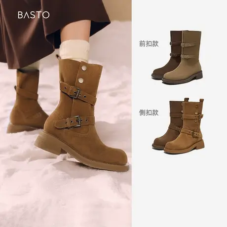百思图冬季新款西部牛仔靴粗跟女卡其色短靴A7288DZ4Z图片