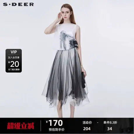 【新品上新】sdeer圣迪奥一字领肌理拼接网纱连衣S20281285图片