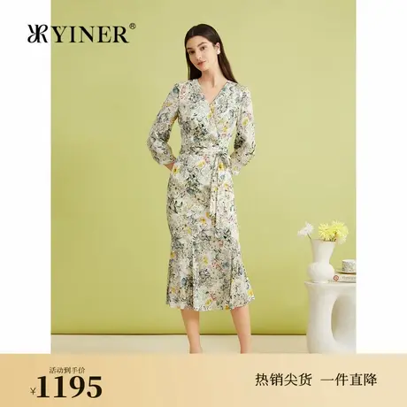 YINER音儿夏季桑蚕丝法式优雅V领鱼尾裙优雅V领碎花连衣裙图片