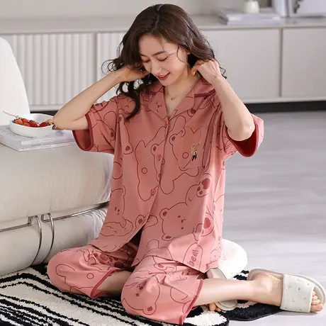 婷美睡衣女夏季翻领开衫纯棉短袖七分裤可出门卡通可爱家居服套装图片