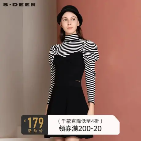 sdeer圣迪奥秋冬复古高领条纹拼接泡泡袖针织衫S21463574商品大图