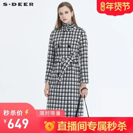 【秒杀】sdeer圣迪奥女装复古立领撞色格纹收腰毛呢大衣S20481812图片