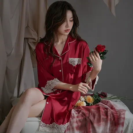男友风衬衫睡裙性感睡衣纯欲风女士冰丝夏季情调红色衬衣2024新款图片