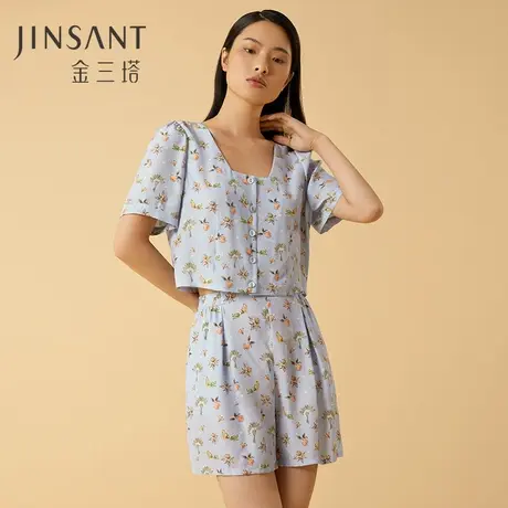 金三塔100%桑蚕丝印花复古方领女士真丝短袖短裤衣裤套时尚可外穿图片