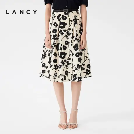 【真丝】LANCY/朗姿2023夏季新款高腰印花半身裙女复古通勤A字裙图片