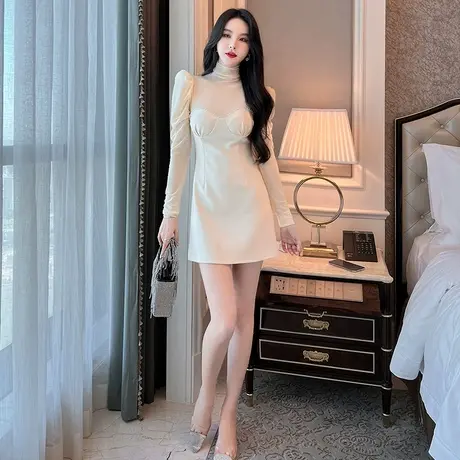 a字减龄半高领连衣裙温柔风女装高级感名媛气质时尚拼接显瘦裙子图片
