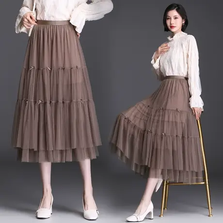 纱裙蛋糕裙半身裙女春秋中长款高腰大摆裙a字裙蓬蓬裙百褶长裙子图片