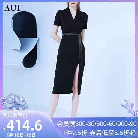 AUI黑色气质拼接开叉V领连衣裙2023夏季新款赫本风小个子中长裙女图片