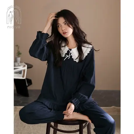 妮狄娅新品睡衣女纯棉长袖套头娃娃领休闲条纹春秋季家居服套装图片